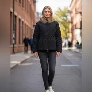 Larry Levine Black Quilted Down Puffer Jacket with Authentic Fox Fur Women’s S